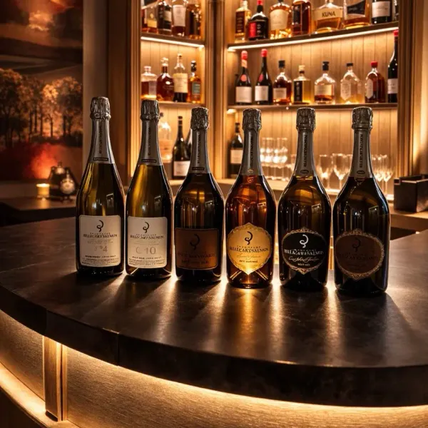 Six bouteilles de champagne alignées sur un comptoir devant une étagère remplie de bouteilles d'alcool