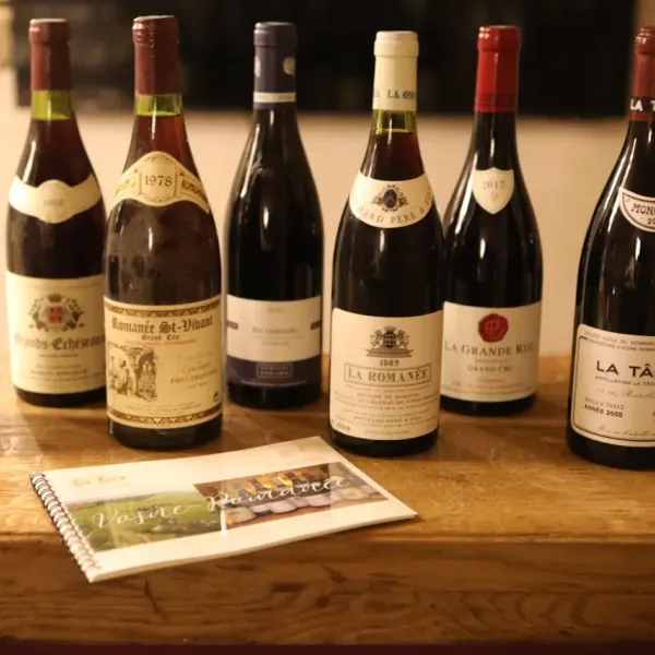 Neuf bouteilles de vin alignées sur une table en bois avec un carnet devant elles